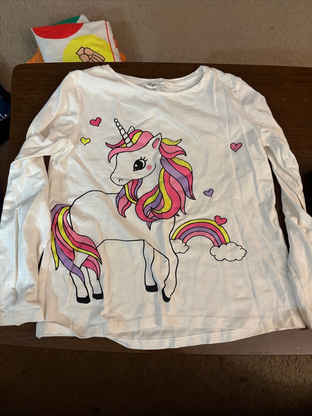 H&M White Long-Sleeve Unicorn Tee with Pink, Yellow & Purple Mane